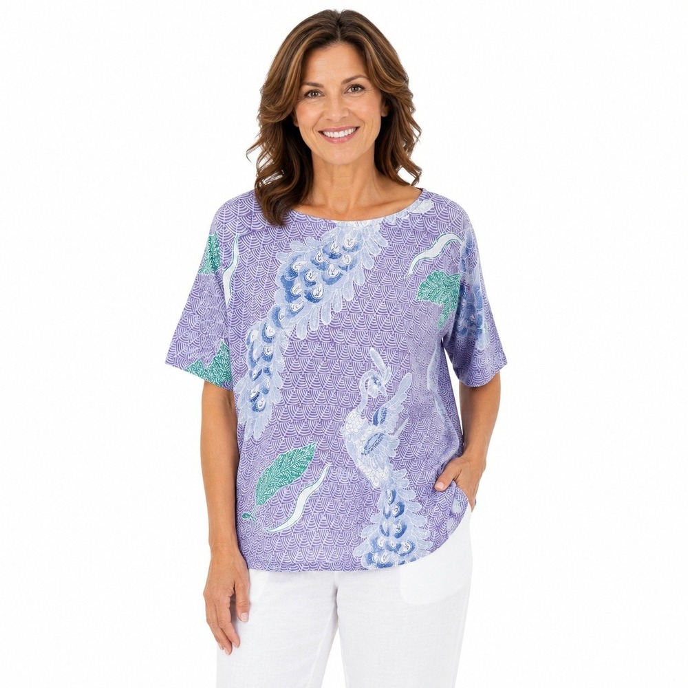 Java Wraps Vintage Purple Batik Peacock Cotton Boxy Blouse Top Size L